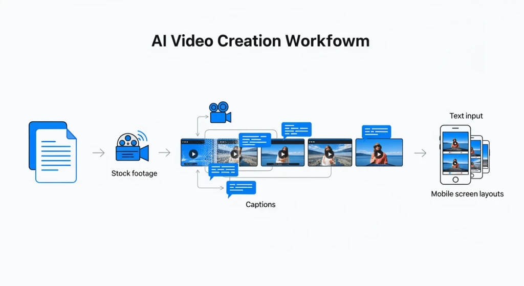 Diagrama do processo de criação de vídeo com IA mostrando a entrada de texto se transformando em conteúdo de vídeo curto