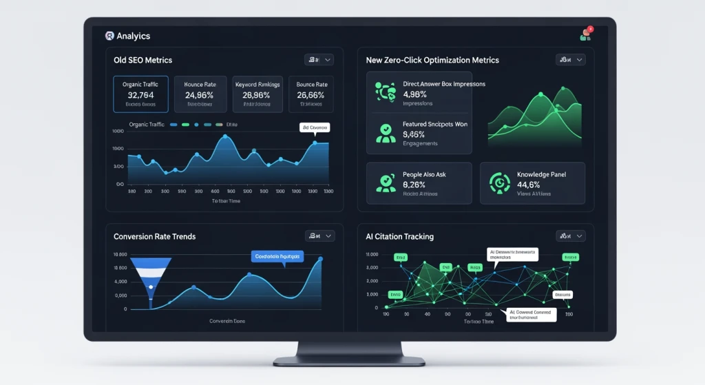 Painel do Analytics comparando as métricas tradicionais de SEO com os novos indicadores de desempenho de pesquisa de clique zero