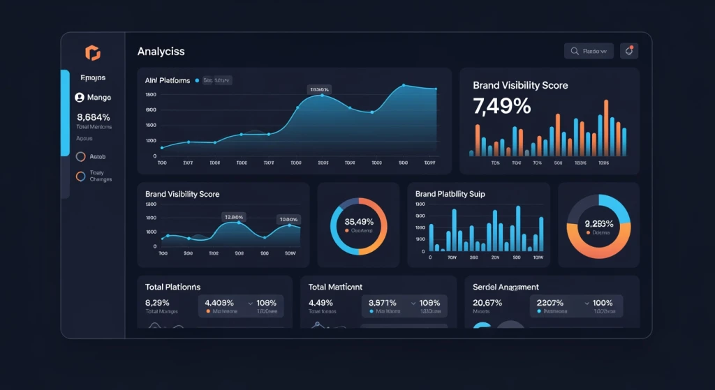 Painel do Analytics mostrando métricas de visibilidade de IA e rastreamento de menção de marca em todas as plataformas