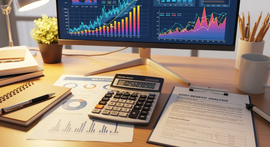 Calculadora e gráficos financeiros que mostram a economia de custos e as métricas de ROI para implementação de IA