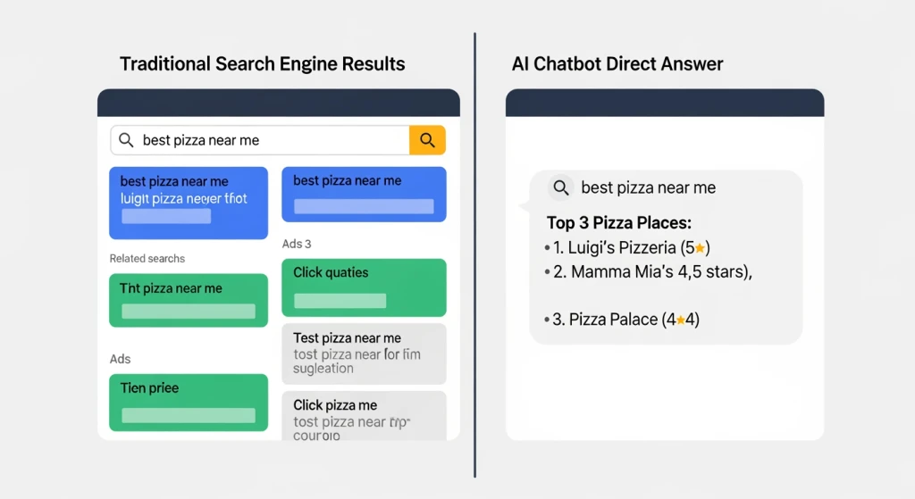 Diagrama de comparação mostrando as estratégias tradicionais de otimização de busca SEO vs. IA