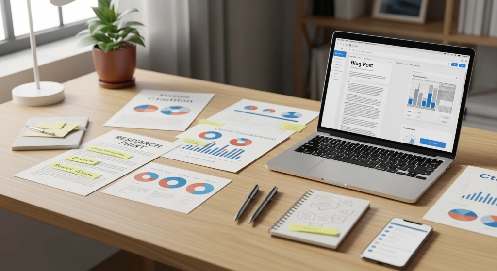 Espaço de trabalho de marketing de conteúdo mostrando o processo de redação do blog com citações e dados de pesquisa