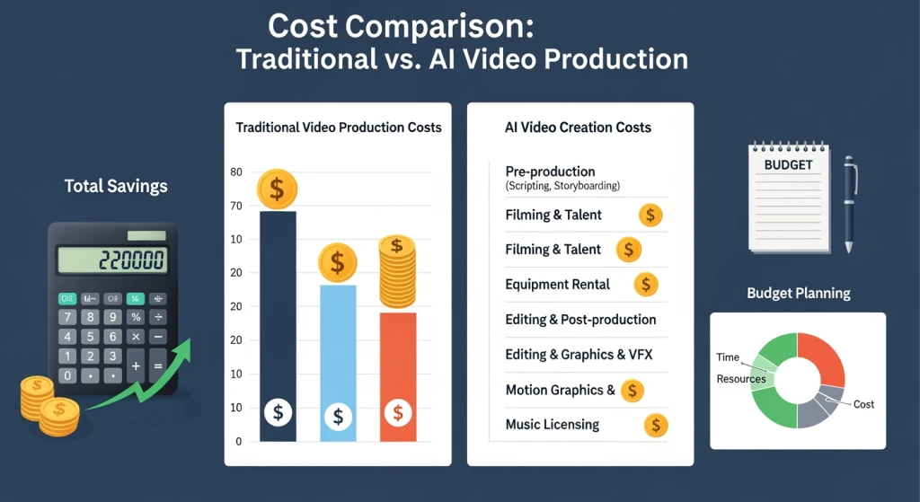 Gráfico de comparação de custos mostrando a produção de vídeo tradicional versus despesas de criação de vídeo com IA