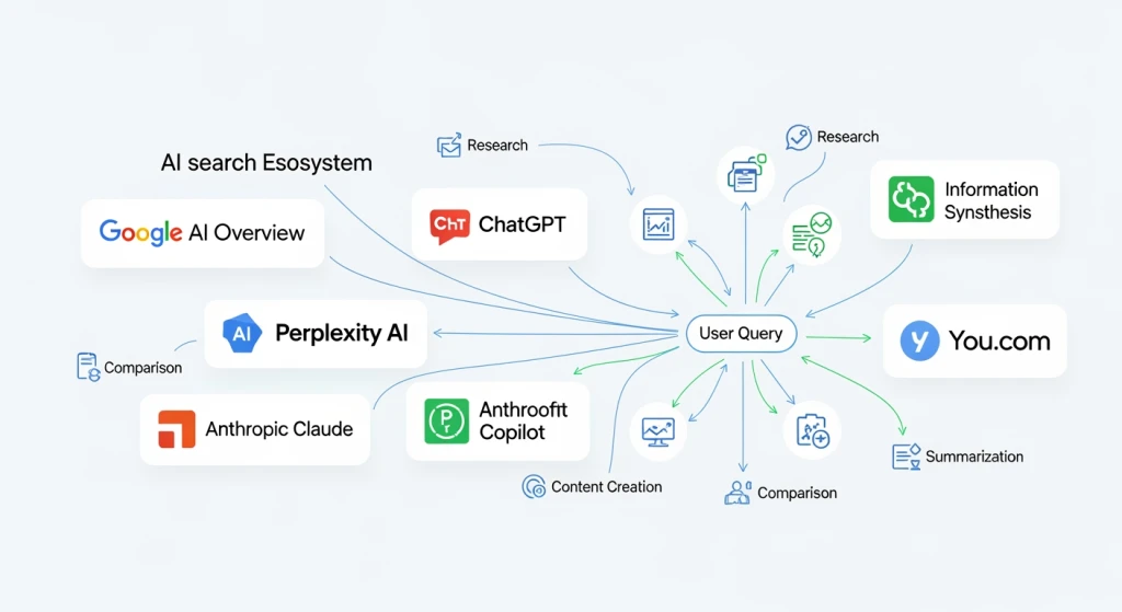 Visualização infográfica do ecossistema de pesquisa de IA mostrando a Visão geral da IA do Google, ChatGPT, Perplexity e outras plataformas de pesquisa de IA conectadas com fluxos de jornada do usuário