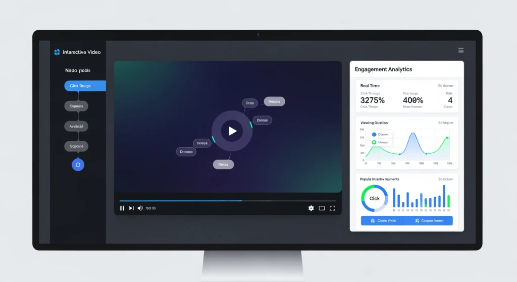 Interface de vídeo interativa mostrando elementos clicáveis, caminhos de ramificação e recursos de engajamento na tela do computador