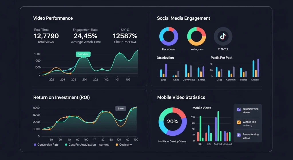 Painel de marketing mostrando métricas de desempenho de vídeo e estatísticas de engajamento de mídia social