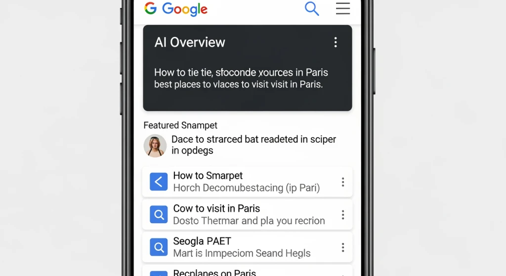 Celular exibindo resultados de pesquisa do Google com respostas geradas por IA e snippets em destaque acima de listagens orgânicas