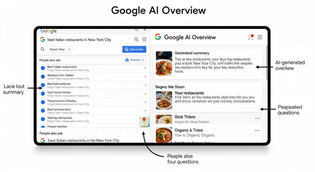 Comparação de tela dividida mostrando os resultados de pesquisa tradicionais do Google versus os resultados de pesquisa aprimorados da Visão geral da IA com diferenças destacadas