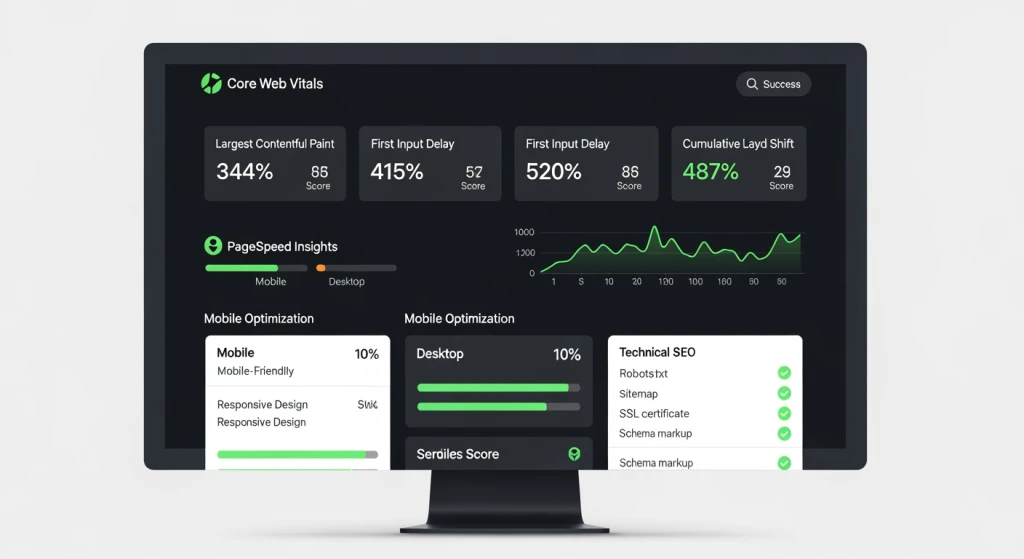 Painel de desempenho do site mostrando métricas do Core Web Vitals, pontuações de velocidade da página e indicadores de otimização móvel