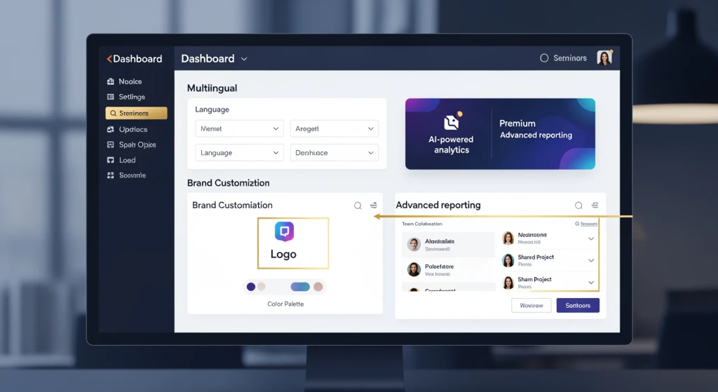 Recursos avançados de vídeo com IA, incluindo avatares multilíngues, marca personalizada e ferramentas de colaboração em equipe