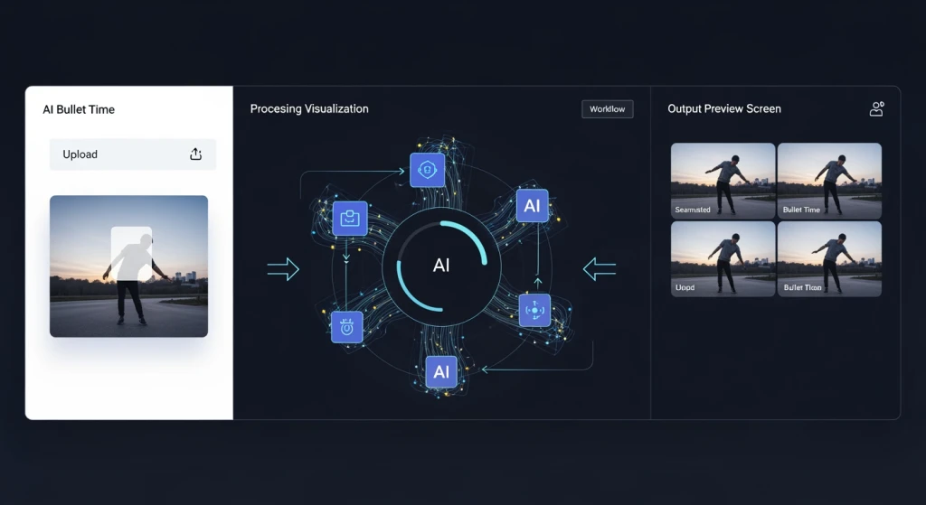 Interface de geração de bullet time de IA mostrando o fluxo de trabalho de upload, processamento e saída