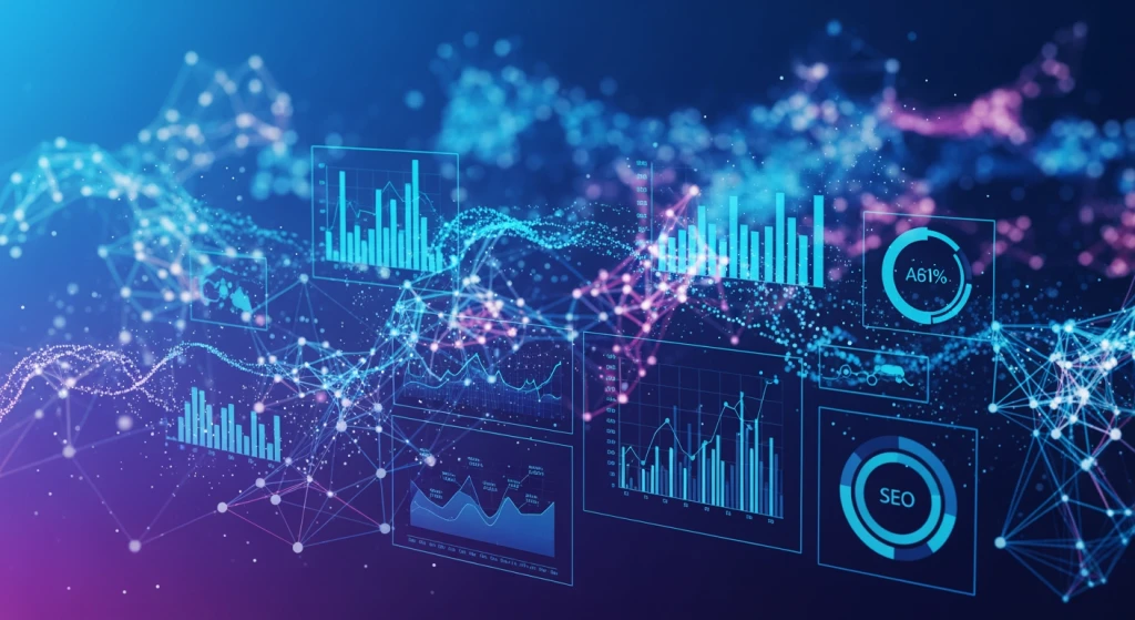 Visualização de análise de SEO com IA com gráficos de dados e elementos de inteligência artificial