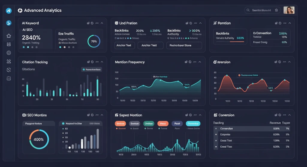 Painel de métricas de SEO de IA mostrando a frequência de citações e o rastreamento de menções de IA
