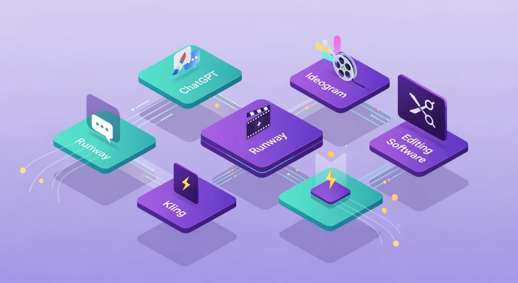 Pilha de ferramentas de produção de vídeo com IA mostrando de 5 a 7 plataformas especializadas e suas conexões