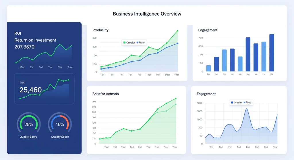 Painel do Analytics mostrando métricas de qualidade de conteúdo, incluindo produtividade líquida e valor de engajamento ao longo do tempo