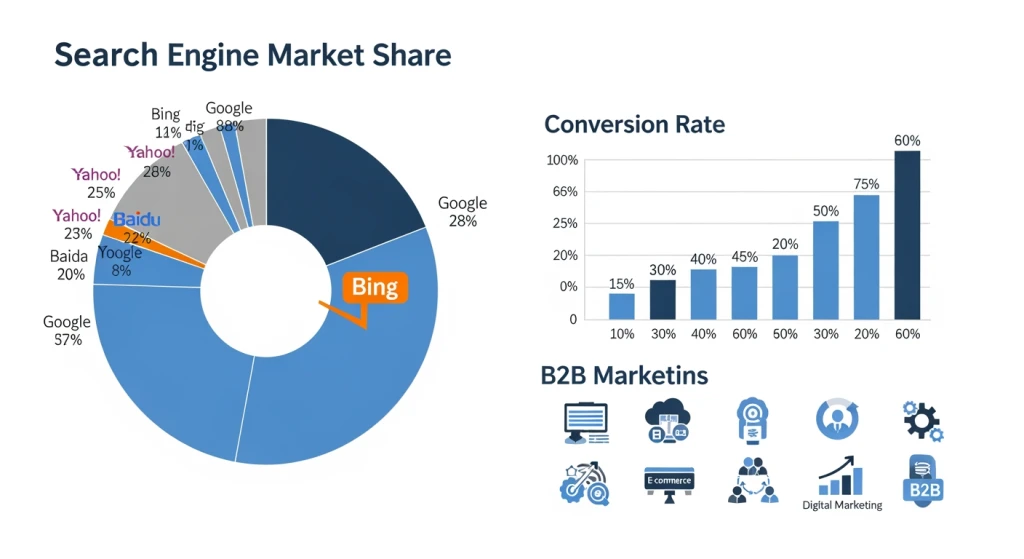 Comparação de participação de mercado de pesquisa do Bing vs. Google com estatísticas de taxa de conversão B2B