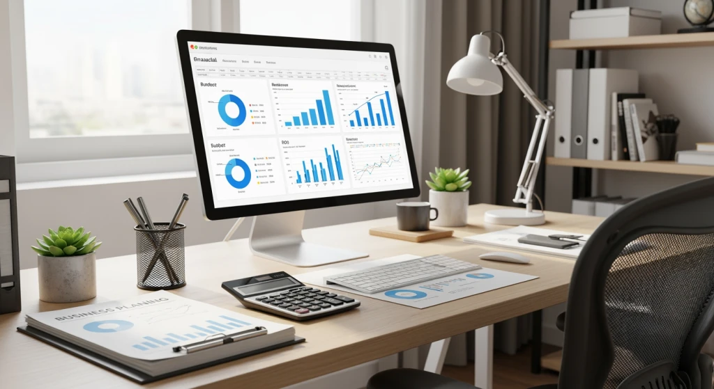 Calculadora e gráficos financeiros mostrando cálculos de ROI e planejamento de orçamento para implementação de IA em pequenas e médias empresas