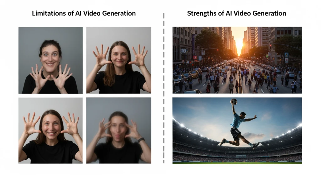 Ilustração de problemas e limitações comuns de geração de vídeo com IA