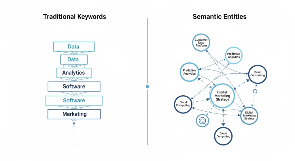 Diagrama de comparação mostrando SEO tradicional focado em palavras-chave versus abordagem de SEO baseada em entidade semântica com bolhas de conceito conectadas