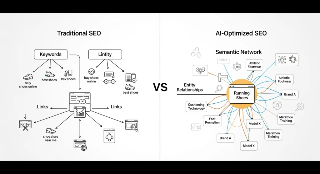 Diagrama de comparação mostrando abordagens tradicionais de SEO versus SEO otimizado por IA com compreensão semântica e relacionamentos de entidades