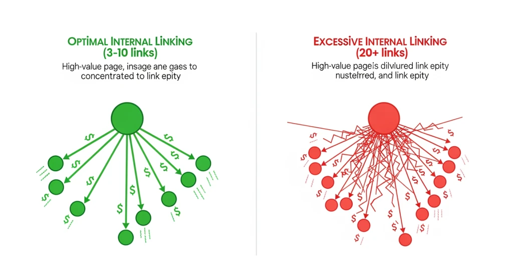 Comparação entre links internos ideais e excessivos, mostrando a diluição do patrimônio líquido do link