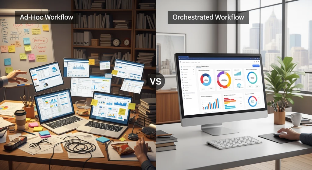 Visualização comparativa de fluxos de trabalho de produção de vídeo de IA ad-hoc versus orquestrados