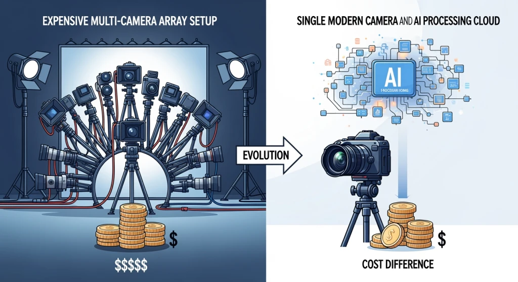 Visualização comparativa da configuração tradicional de várias câmeras versus a moderna criação de bullet time com IA