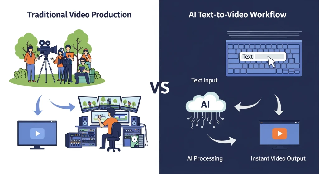 Visualização comparativa do fluxo de trabalho de produção de vídeo tradicional versus fluxo de trabalho de texto para vídeo com IA