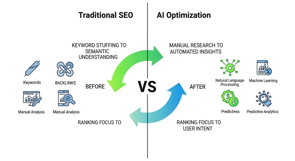Visualização de comparação mostrando a evolução do SEO tradicional para a estratégia otimizada por IA