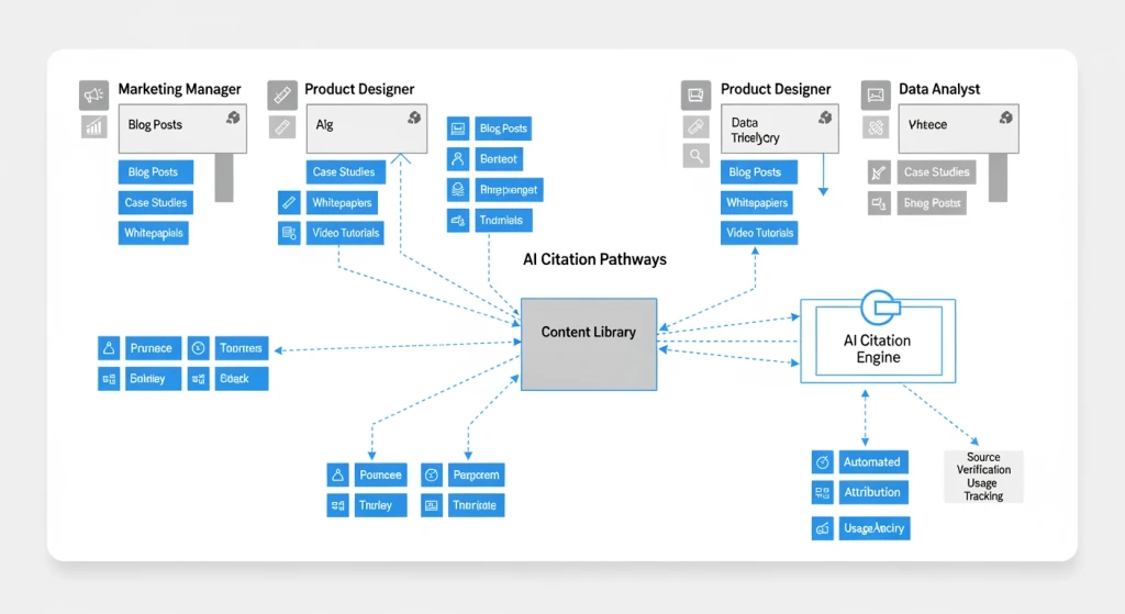 Diagrama de arquitetura de conteúdo mostrando mapeamento baseado em persona e estrutura de conteúdo abrangente para citações de IA