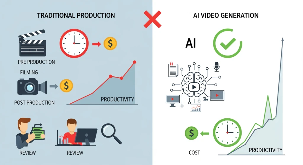 Comparação do fluxo de trabalho do criador de conteúdo mostrando a produção de vídeo tradicional versus vídeos de treinamento gerados por IA com economia de tempo e custo