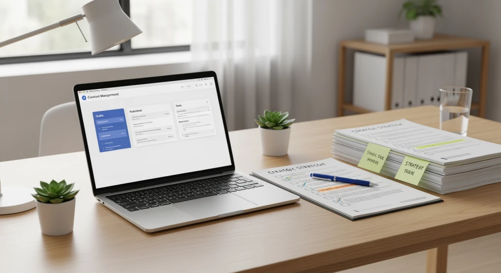 Gerente de conteúdo trabalhando em um laptop com documentos de estratégia e lista de verificação de implementação visíveis na mesa