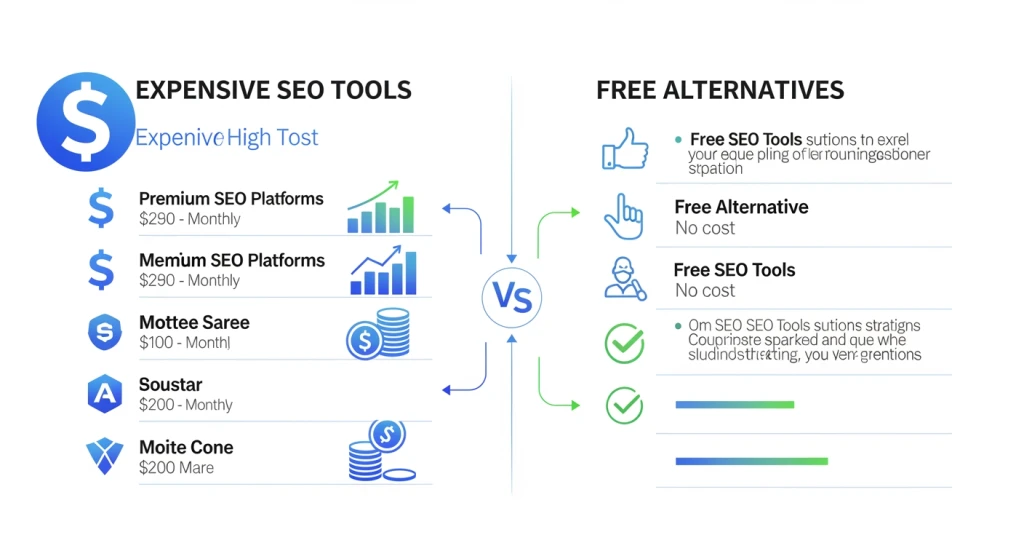 Visualização de comparação de custos mostrando ferramentas de SEO caras e gratuitas com métricas de economia
