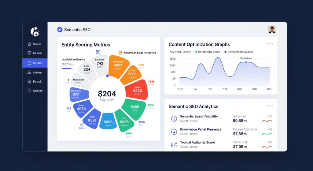Maquete da interface do painel mostrando ferramentas de análise de SEO semântico com pontuações de entidades, métricas de otimização de conteúdo e insights de IA