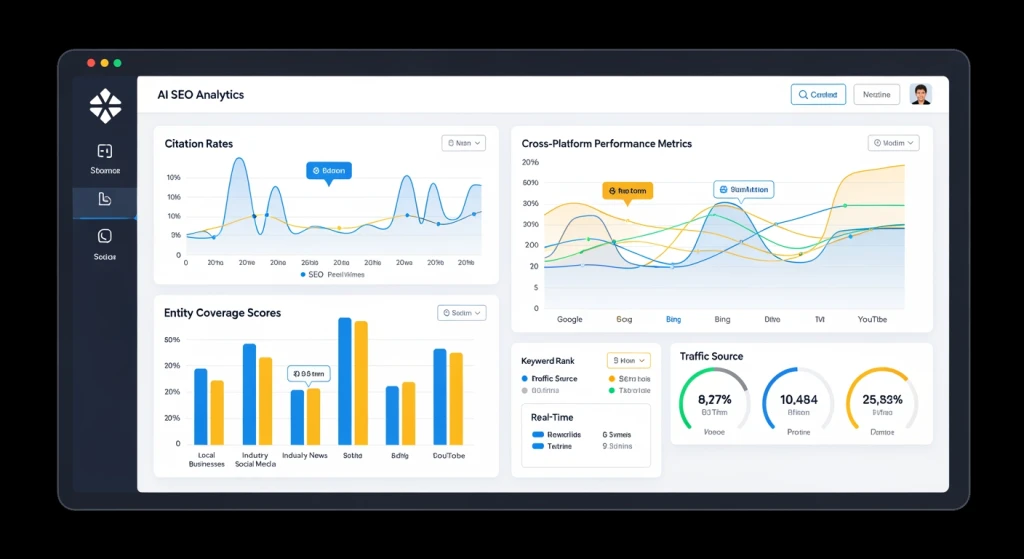 Dashboard mostrando ferramentas e análises de SEO de IA com métricas de desempenho e rastreamento de citações em várias plataformas