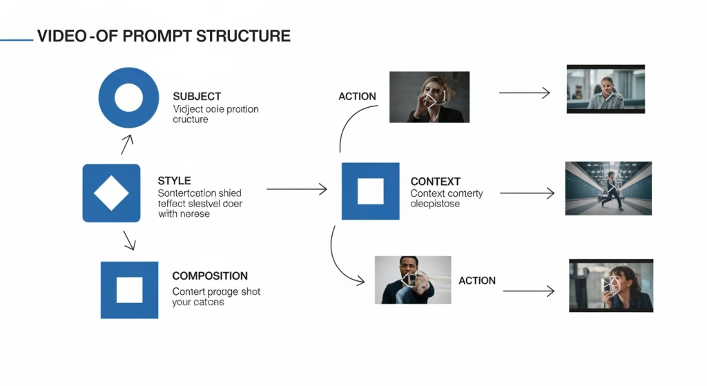 Diagrama mostrando componentes estruturados do prompt com setas apontando para diferentes elementos do processo de geração de vídeo