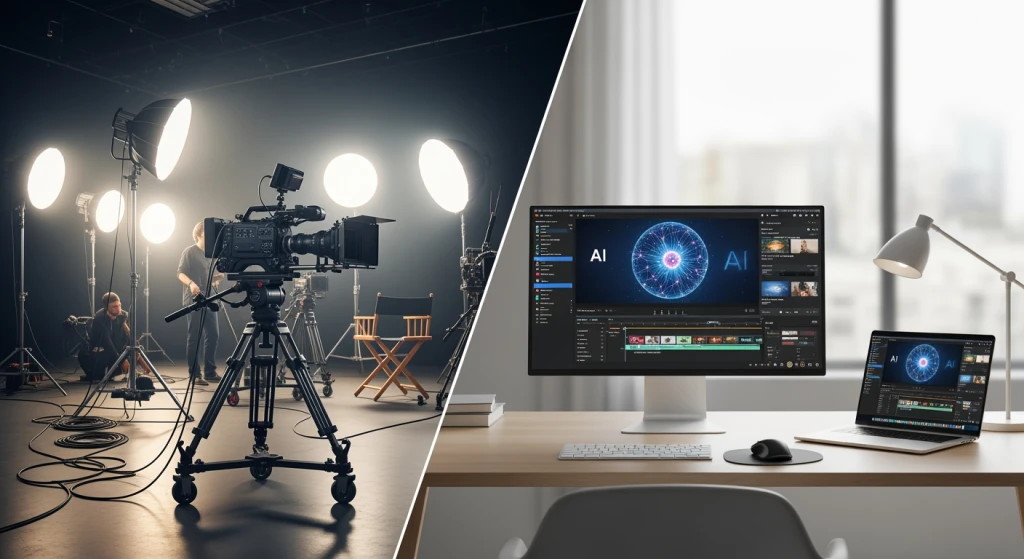 Configuração do estúdio de produção de vídeo digital mostrando a diferença entre a criação de conteúdo tradicional e a gerada por IA