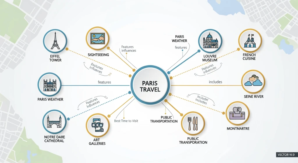 Mapa de relacionamento de entidades mostrando como diferentes conceitos e tópicos se conectam em SEO semântico com exemplo de viagem a Paris