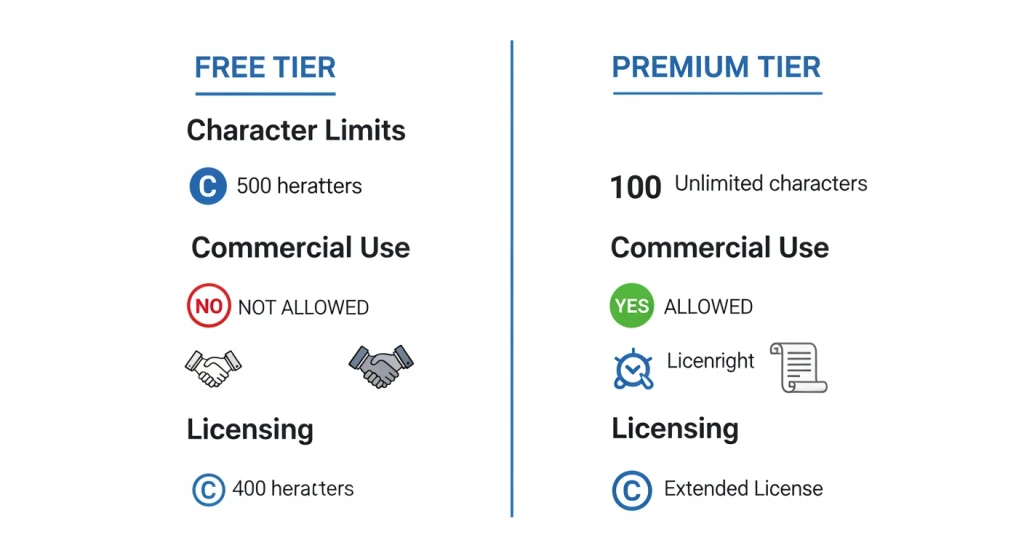 Limitações de nível gratuito e considerações de licenciamento comercial para ferramentas de clonagem de voz de IA