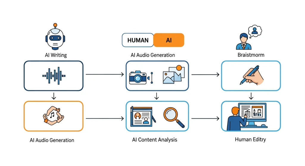 Diagrama de fluxo de trabalho híbrido humano-IA mostrando o processo de criação de conteúdo e colaboração