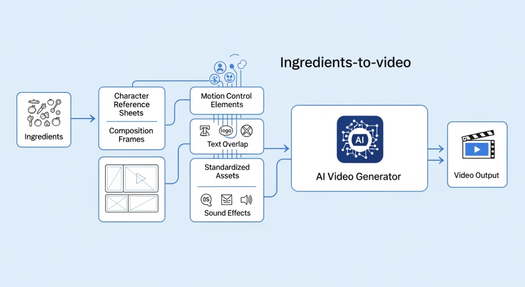 Diagrama de fluxo de trabalho de ingredientes para vídeo mostrando folhas de referência de personagens e elementos de controle de movimento