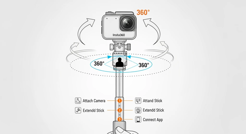 Demonstração da configuração da câmera Insta360 para criação de bullet time com técnica de balanço