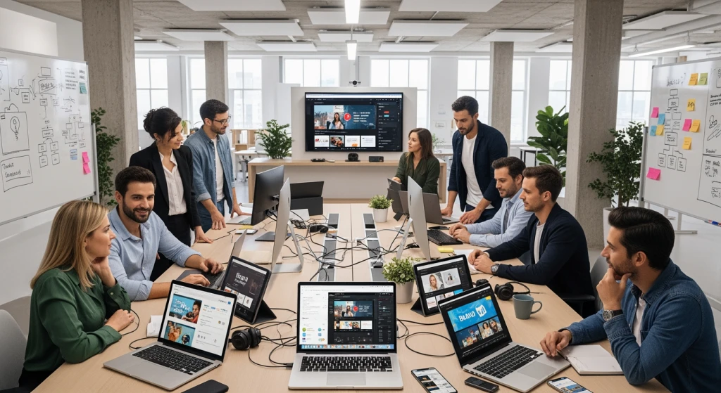 Espaço de trabalho de colaboração da equipe de marketing com vários dispositivos digitais mostrando conteúdo de vídeo em várias plataformas