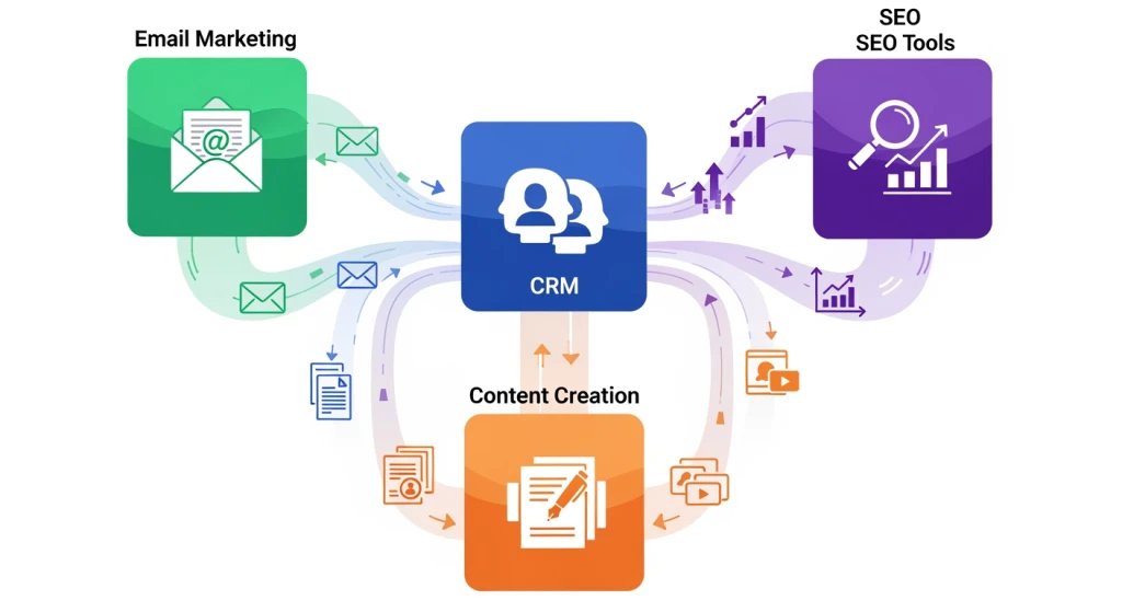 Ecossistema de tecnologia de marketing mostrando plataformas integradas de CRM, marketing por e-mail, SEO e criação de conteúdo trabalhando juntas