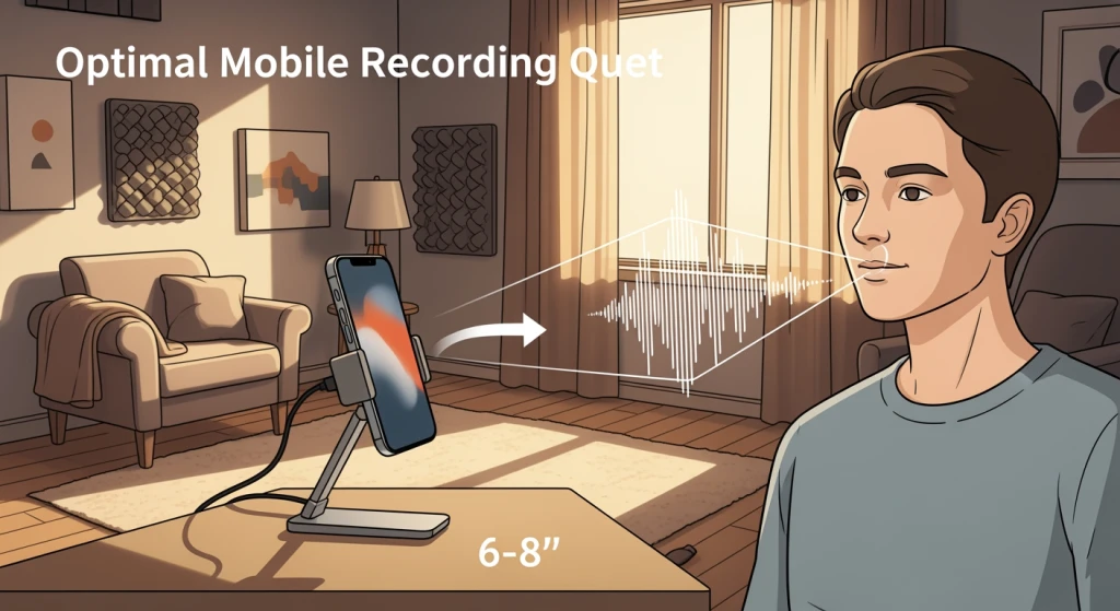 Configuração de gravação móvel mostrando o ambiente ideal com absorção de som e posicionamento do smartphone para clonagem de voz