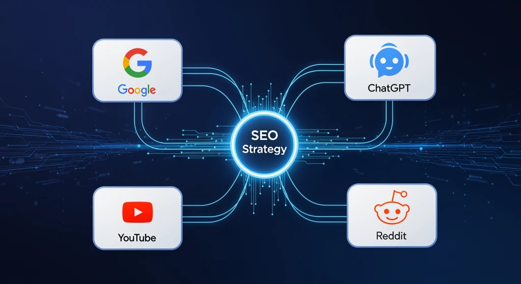 Estratégia de SEO multiplataforma abrangendo o Google, mecanismos de pesquisa de IA, YouTube e plataformas sociais