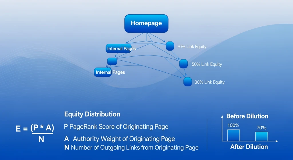 Distribuição do PageRank e diagrama de fluxo de equidade de link para links internos