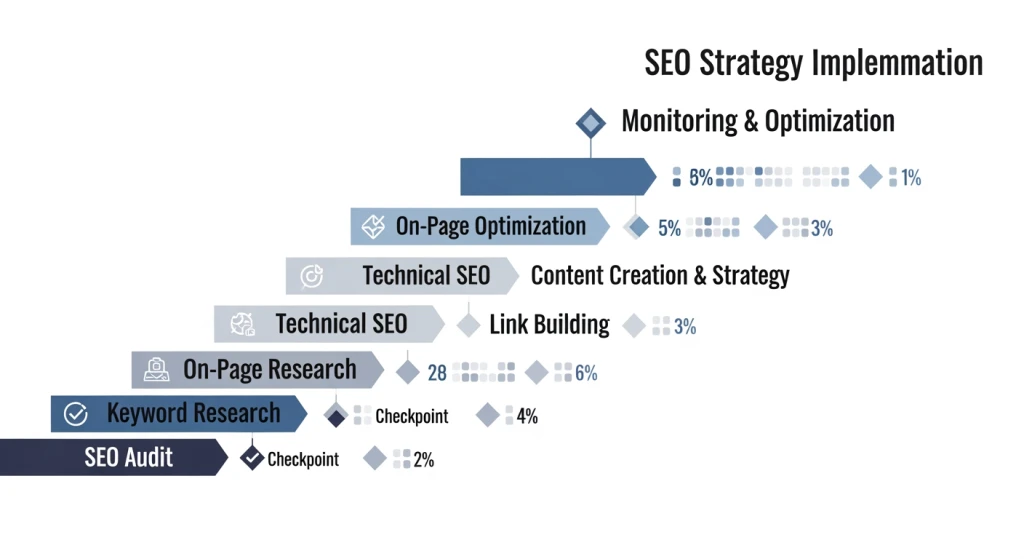 Roteiro de implementação de SEO com fases e marcos