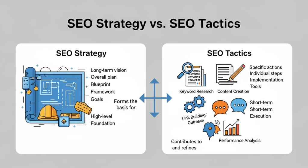 Diagrama da estrutura da estratégia de SEO mostrando a relação entre estratégia e tática