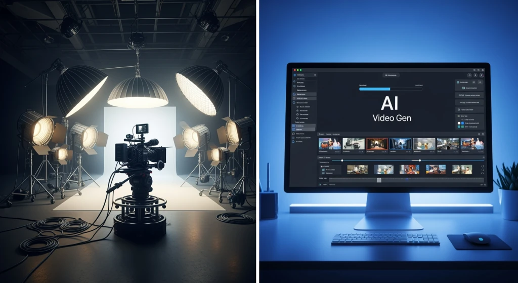 Comparação de tela dividida mostrando a configuração tradicional de produção de vídeo versus a interface de geração de vídeo com IA